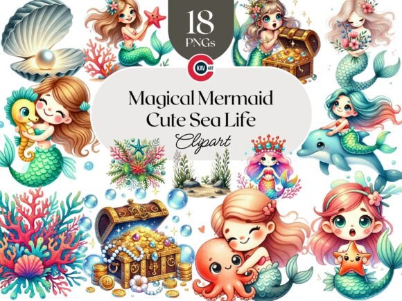 Download Cute Magical Mermaid Sea Life Clipart - Premium Bundle